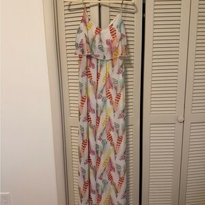 Feather Print Maxi Dress - White with Multicolor Feathers